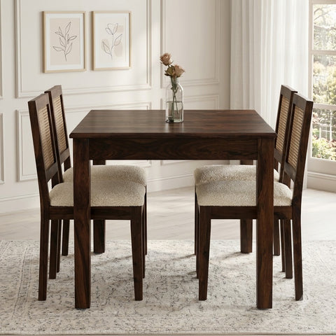 PRITI Rattan Solid Wood Cane 4 Seater Dining Table Set