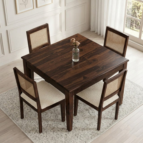 PRITI Rattan Solid Wood Cane 4 Seater Dining Table Set