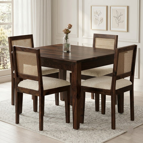 PRITI Rattan Solid Wood Cane 4 Seater Dining Table Set