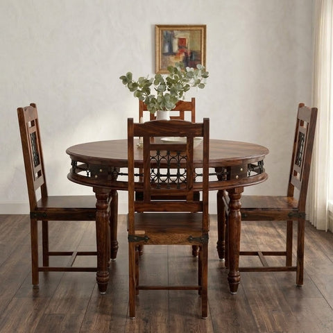 PRITI Solid Wood 4 Seater Round Dining Table Set