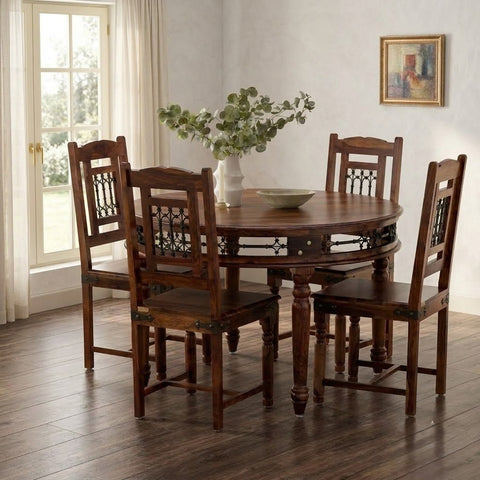 PRITI Solid Wood 4 Seater Round Dining Table Set