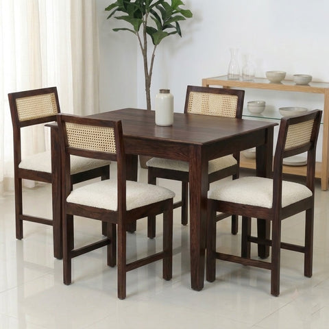 PRITI Solid Wood Cane 4 Seater Dining Table Set