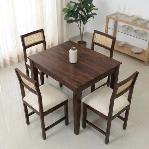 PRITI Solid Wood Cane 4 Seater Dining Table Set
