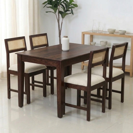 PRITI Solid Wood Cane 4 Seater Dining Table Set