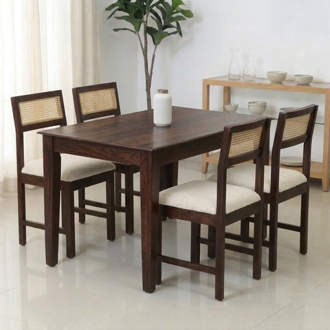 PRITI Solid Wood Cane 4 Seater Dining Table Set