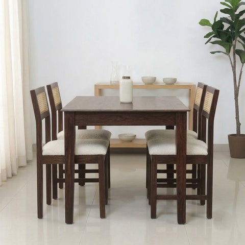 PRITI Solid Wood Cane 4 Seater Dining Table Set