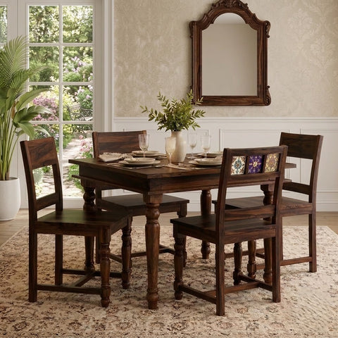 PRITI Natural Wood 4 Seater Dining Table Sets in dark walnut sheesham finish
