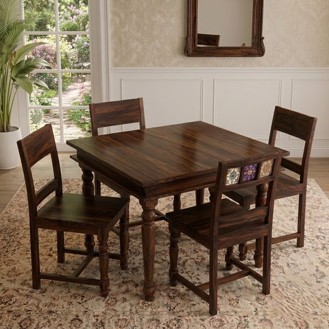 PRITI Natural Wood 4 Seater Dining Table Sets in dark walnut sheesham finish