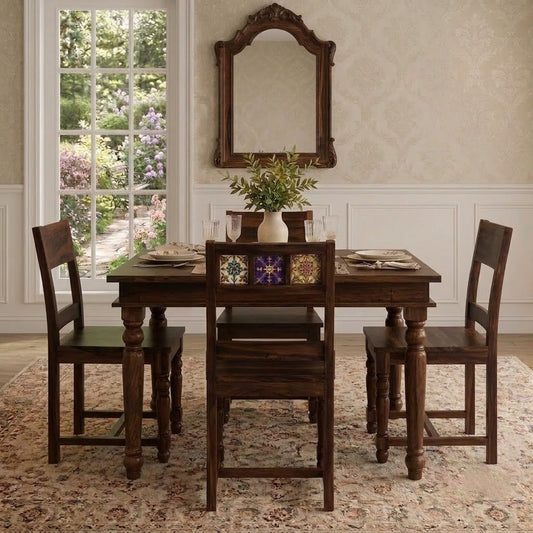 PRITI Natural Wood 4 Seater Dining Table Sets in dark walnut sheesham finish