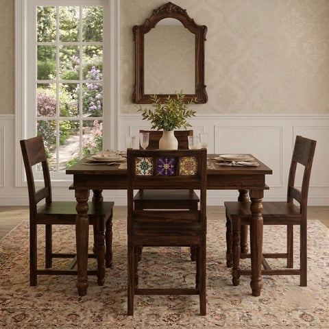 PRITI Natural Wood 4 Seater Dining Table Sets in dark walnut sheesham finish
