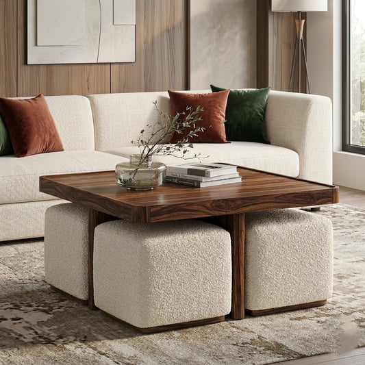 PRITI Square Solid Wood Coffee Table With Seats Walnut Finish