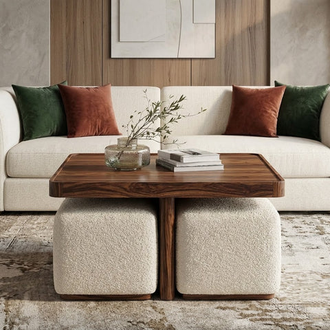 PRITI Square Solid Wood Coffee Table With Seats Walnut Finish