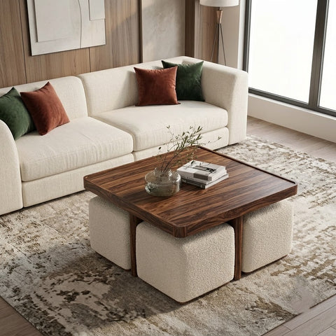 PRITI Square Solid Wood Coffee Table With Seats Walnut Finish