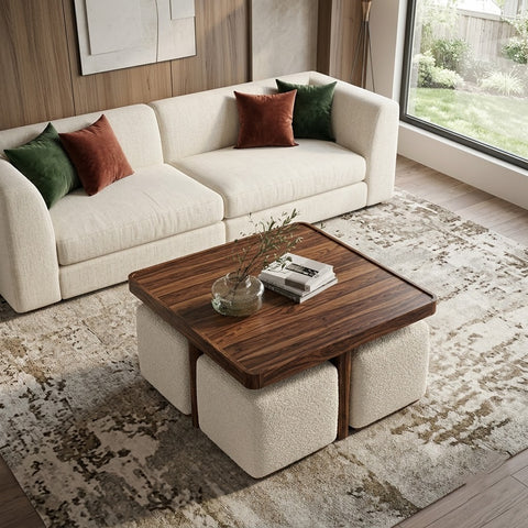 PRITI Square Solid Wood Coffee Table With Seats Walnut Finish