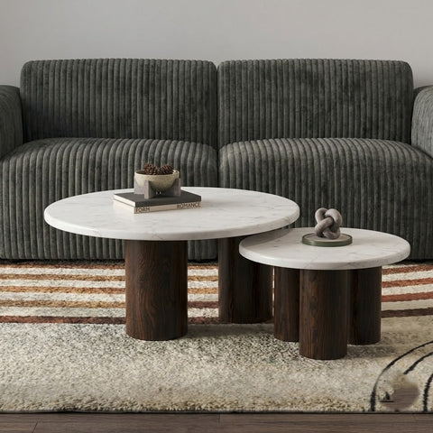 PRITI Set Of 2 Round Solid Wood Coffee Table dark walnut sheesham finish