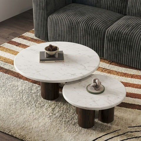 PRITI Set Of 2 Round Solid Wood Coffee Table dark walnut sheesham finish