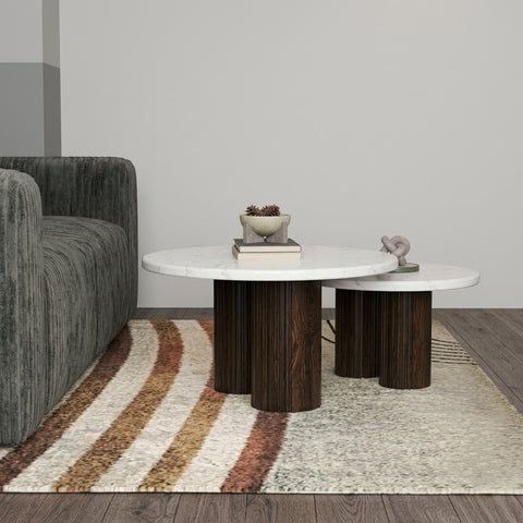 PRITI Set Of 2 Round Solid Wood Coffee Table dark walnut sheesham finish