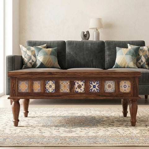 PRITI Rectangular Solid Wood Coffee Table In dark walnut sheesham finish