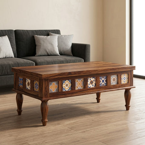 PRITI Rectangular Solid Wood Coffee Table In dark walnut sheesham finish