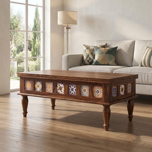 PRITI Rectangular Solid Wood Coffee Table In dark walnut sheesham finish