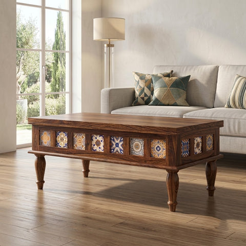 PRITI Rectangular Solid Wood Coffee Table In dark walnut sheesham finish