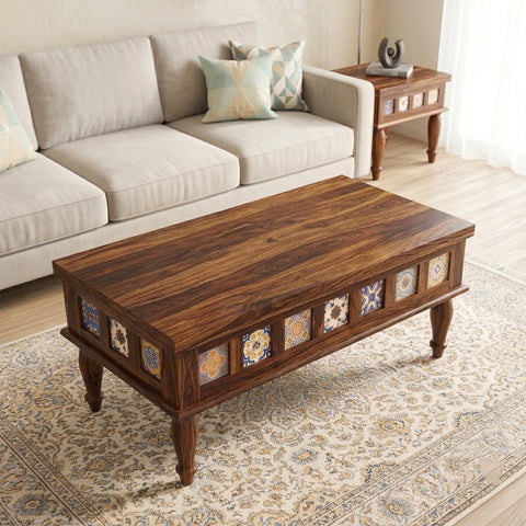 PRITI Rectangular Solid Wood Coffee Table In dark walnut sheesham finish