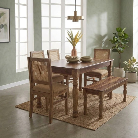 PRITI Round Leg Dining Table With Cane Weave Chairs