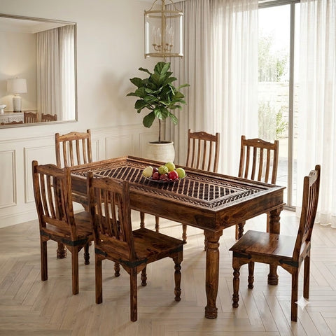 PRITI : Verona Antique Brass Solid Wood Brass Dining Table set