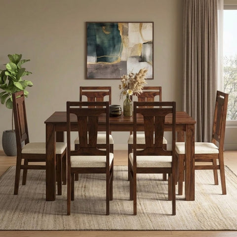 PRITI Solid Sheesham Wood 6 Seater Dining Table Set with 6 Tessa Dining Chairs (Dark Walnut Sheesham Finish, Crème Morphino Upholstery)