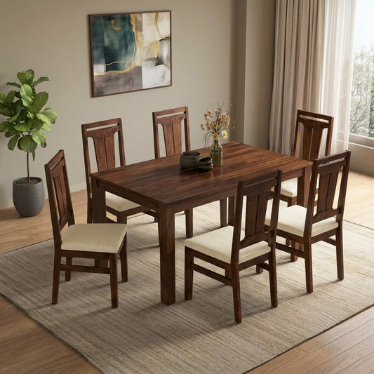 PRITI Solid Sheesham Wood 6 Seater Dining Table Set with 6 Tessa Dining Chairs (Dark Walnut Sheesham Finish, Crème Morphino Upholstery)