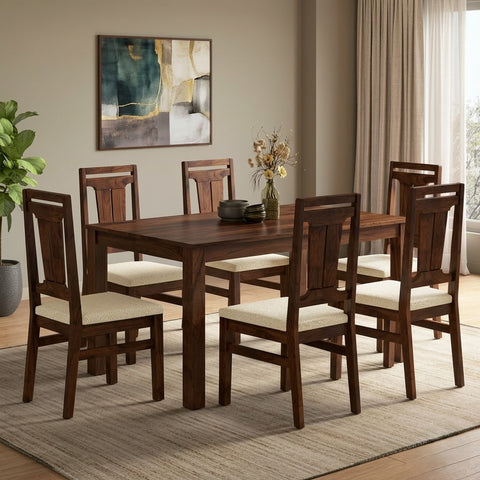 PRITI Solid Sheesham Wood 6 Seater Dining Table Set with 6 Tessa Dining Chairs (Dark Walnut Sheesham Finish, Crème Morphino Upholstery)
