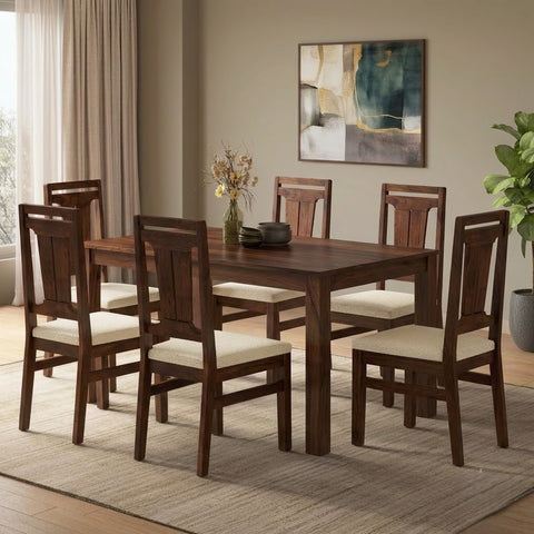 PRITI Solid Sheesham Wood 6 Seater Dining Table Set with 6 Tessa Dining Chairs (Dark Walnut Sheesham Finish, Crème Morphino Upholstery)