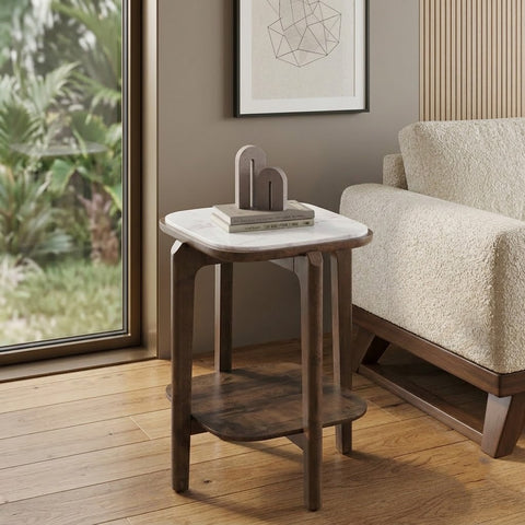 PRITI Square Copa Cabana White Marble and Solid Wood Side Table in Dark Walnut Sheesham Finish