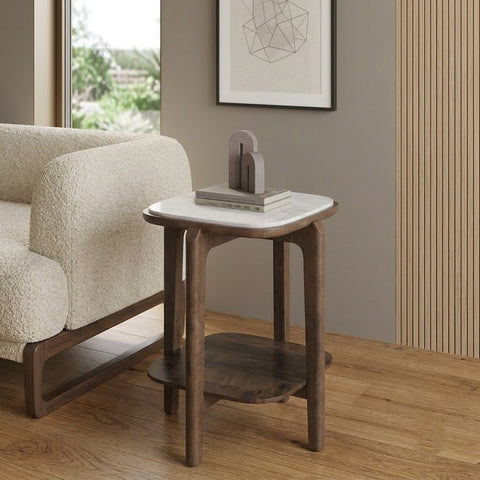 PRITI Square Copa Cabana White Marble and Solid Wood Side Table in Dark Walnut Sheesham Finish