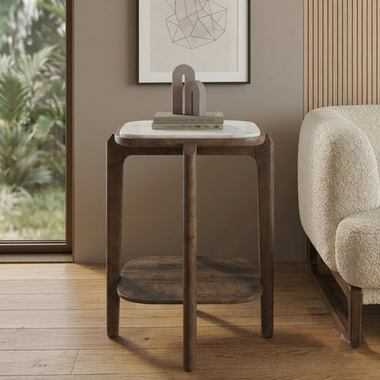 PRITI Square Copa Cabana White Marble and Solid Wood Side Table in Dark Walnut Sheesham Finish