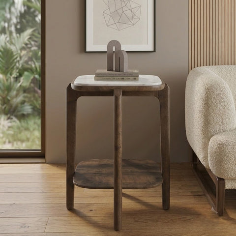 PRITI Square Copa Cabana White Marble and Solid Wood Side Table in Dark Walnut Sheesham Finish