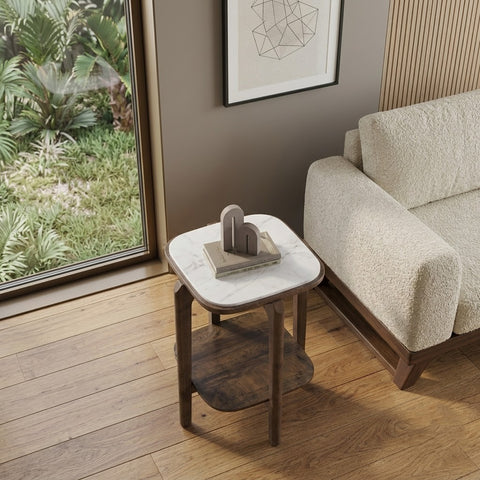PRITI Square Copa Cabana White Marble and Solid Wood Side Table in Dark Walnut Sheesham Finish