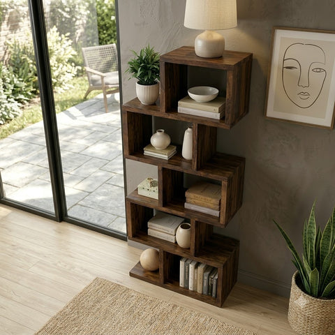 PRITI Solid Wood Zigzag Display Shelf – Modern Open Storage Bookcase