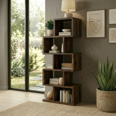 PRITI Solid Wood Zigzag Display Shelf – Modern Open Storage Bookcase
