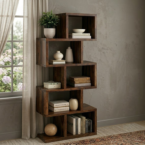 PRITI Solid Wood Zigzag Display Shelf – Modern Open Storage Bookcase