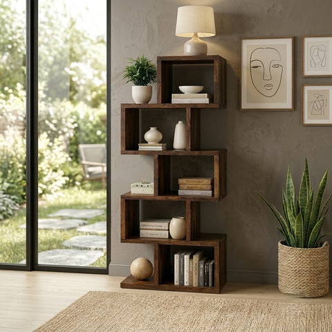 PRITI Solid Wood Zigzag Display Shelf – Modern Open Storage Bookcase