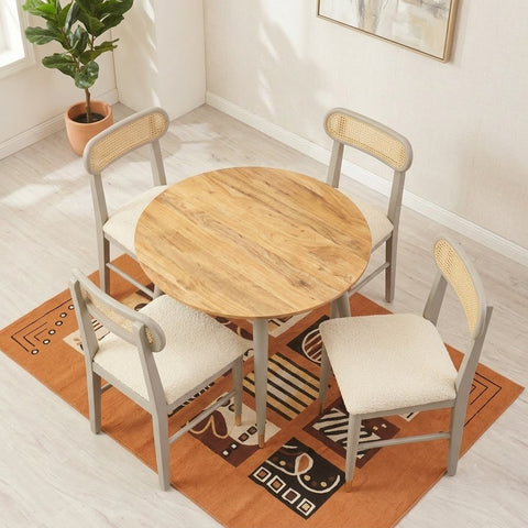 PRITI solid wood rattan cane round dining table four seater set