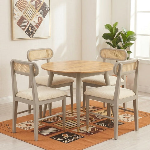 PRITI solid wood rattan cane round dining table four seater set