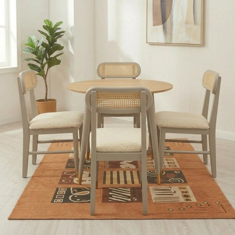 PRITI solid wood rattan cane round dining table four seater set