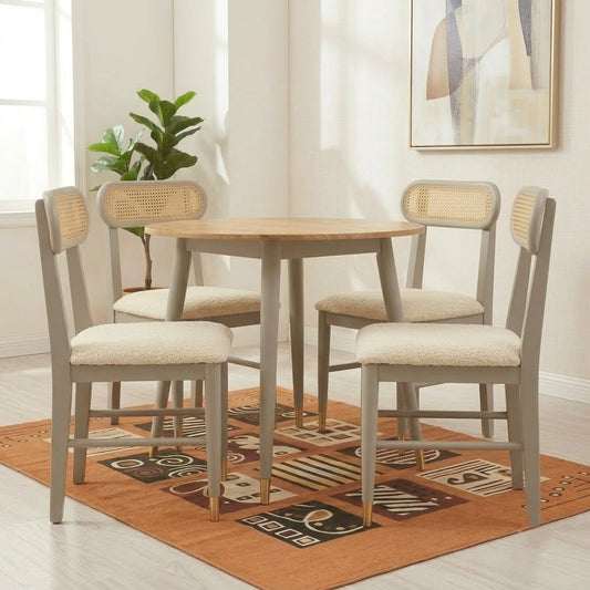 PRITI solid wood rattan cane round dining table four seater set