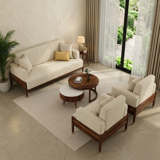 PRITI Modern 3+1+1 Wooden Sofa Set with Premium creme Boucle