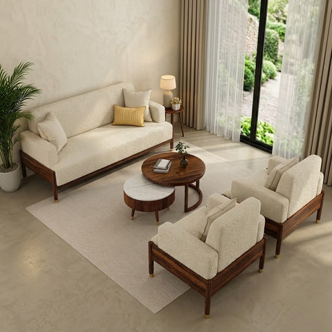 PRITI Modern 3+1+1 Wooden Sofa Set with Premium creme Boucle