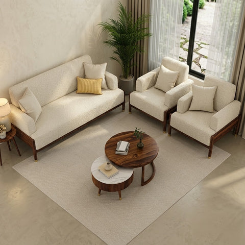 PRITI Modern 3+1+1 Wooden Sofa Set with Premium creme Boucle