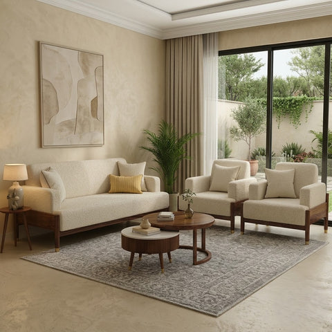 PRITI Modern 3+1+1 Wooden Sofa Set with Premium creme Boucle
