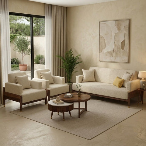 PRITI Modern 3+1+1 Wooden Sofa Set with Premium creme Boucle